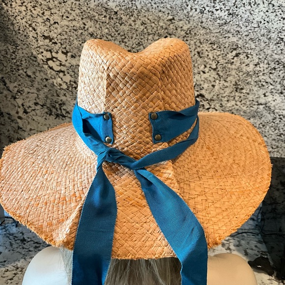 Stylish Tan Straw Hat with Blue Band and fluted back. main image 6